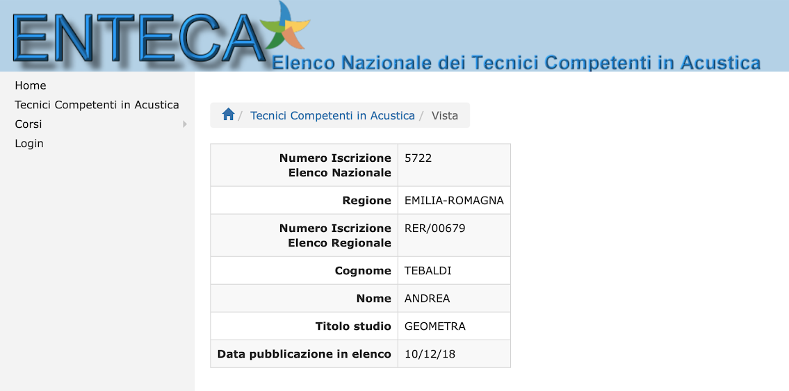 Andrea Tebaldi tecnico competenjte in acustica certificato ENTECA